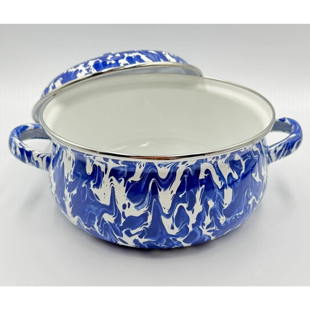 Golden Rabbit Cobalt Blue Swirl Enamelware Dutch Oven Pot Spatterware 2.5 Quart